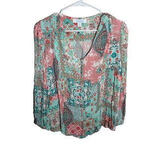 Bunulu Blouse Women's Medium Floral Metallic V-Neck Cottage Boho Casual Top